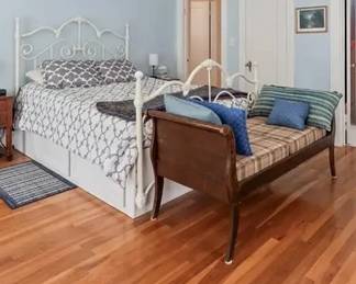 Queen size iron bed headboard and footboard and rails. Vintage fainting couch.