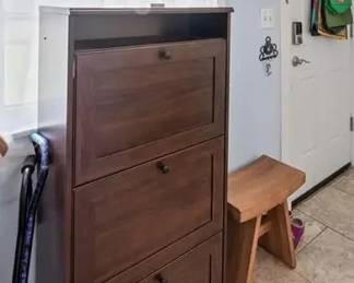 Shoe closet, folds to allow you to store shoes. Heavy solid (reclaimed) wood stool.