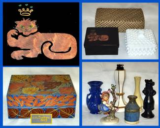 Couroc Box Featuring a Cute Cat with Crown, Signed Box, Hummel, Tall Vintage Lighter and Pottery