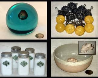 Pretty Paperweight, Ruth Richmond Drawer Pulls, Vintage Milkglass and Small Bowl with Tiny Rabbit