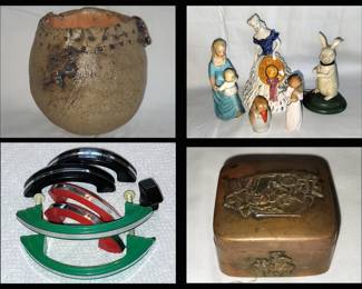 Pottery with Lizards, Figurines, Vintage Pulls and Small Metal Box
