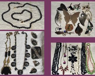 Black Pearls with 14K Gold Clasps, Sterling Siam Pcs, Vintage Glass Beads and Other Very Nice Costume Pcs