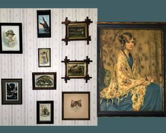Lots of Cute Old Prints and Framed Vintage Postcards