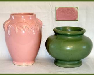 Pink McCoy Vase and Unmarked Green Vase