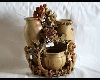 Large Soapstone with Fish and Flowers