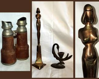 Antique Binoculars, Tall Thin Nude Sculpture and Small Swan Candle Holder