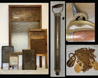 Variety of Wash Boards, Coleman Hand Pump Fire Extinguisher and Old Chain