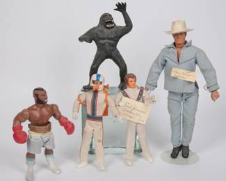 Vintage Action Figures Collection: 1983 Mr. T figure; 1976 Imperial Toys King Kong; 1970s Gabriel Toys Lone Ranger; two Evel Knievel figures