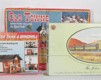HO-Scale Train Set and Accessories: The John Bull Ready-to-Run Electric Train Set; Western Homestead Shanty with Water Tank and Windmill; Old Towne Miniature Village