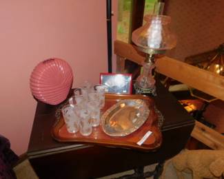 ANTIQUE SERVING TRAY - PINK CRACKLE GLASS HURRICANE LAMP - VASE AND LIBBEY GLASSES