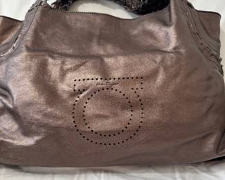 Ferragamo brown metallic carry-all handbag tote.
