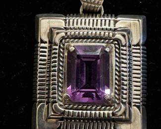 Artisan signed sterling pyramid pendant with Amethyst