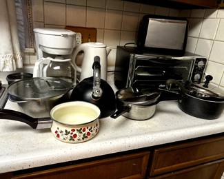 POTS PANS COFFEE MAKER TOASTER OVEN