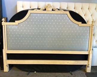 Vtg Carved Wooden Headboard W Patterned Uph