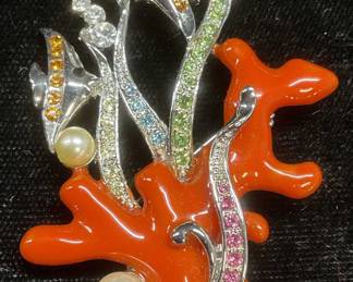 Silver Tone Crystal Enamel Faux Coral Brooch