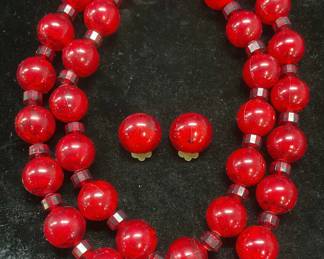 Lot 2 Vtg Red Crystal Beaded Necklace & Earrings