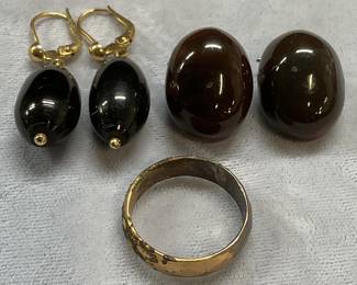 Lot 3 Agate Earrings, Gold Pl Ring, Black Earrings