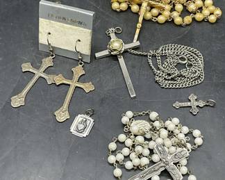 Lot 6 Religious Motif Jewelry, STERLING, Rosaries+