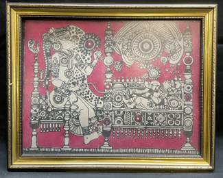 Framed Indian Kalamkari Figural Lithograph
