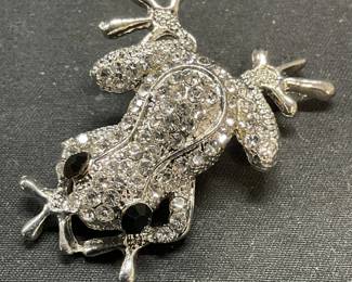 Silver Tone Crystal Frog Brooch Pendant