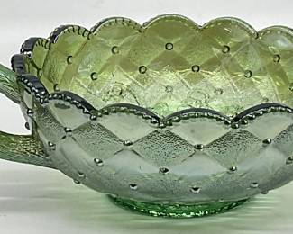Vintage Green Carnival Glass Handled Nappy Bowl