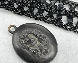 Lot 2 Black Seed Beaded Necklace & Carved Pendant