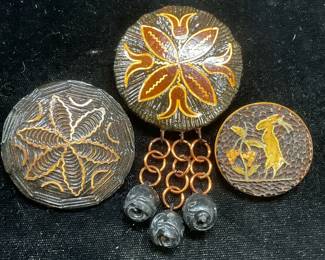 Lot 3 Vintage Carved Wood Brooches