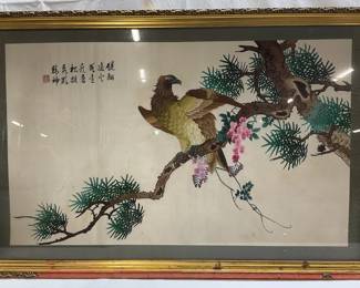 Framed Chinese Embroidered Hawk Panel