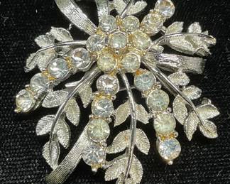 Vintage Silver Tone Crystal Flower Brooch
