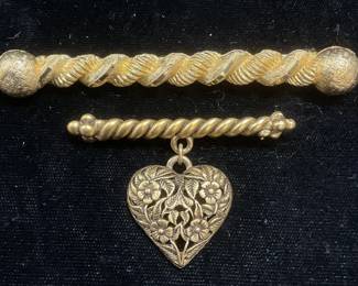 Lot 2 Gold Tone Heart & Bar Brooches