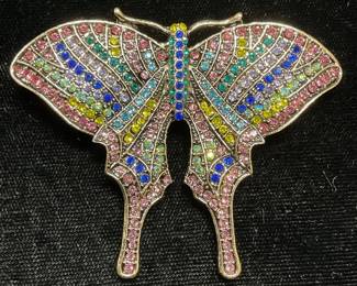 Gold Tone Multicolor Crystal Butterfly Brooch