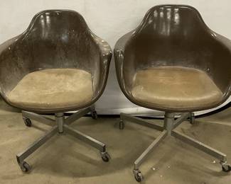 Pair MCM Eames Brown Shellback Swivel Chairs