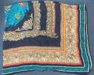 Blue & Gold Graphic Print Silk Scarf