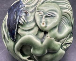 Vntg Handmade Glazed Nude Figural Pottery Sphere