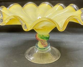 Vtg Yellow Art Glass Pedestal Scalloped Bowl