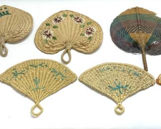 Lot 8 Assorted Woven Wicker & Rattan Hand Fans