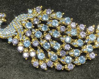 Gold Tn Blue Crystal Peacock Brooch, 3 in L