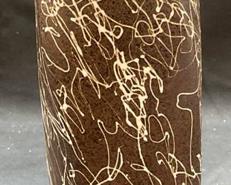 Signed Brown & White Ceramic Drip Twist Vase