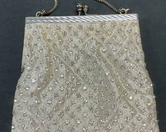 Vintage Metallic Silver Satin Crystal Handbag