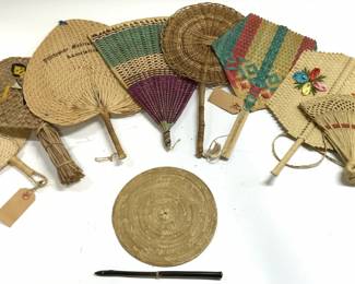 Lot 9 Vntg Assorted Woven Wicker Handheld Fans