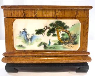 Asian Bamboo W Faux Marble Plaque Tea Box