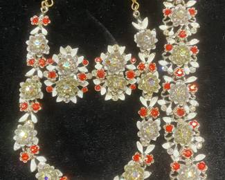 3 Vtg BSK Silver Tn Flower Crystal Jewelry Set