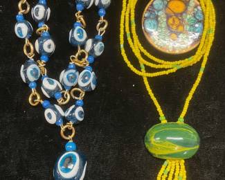Lot 3 Blue Art Glass, Enamel Pendant Necklaces
