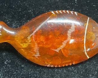 Vintage Carved Amber Lucite Fish Brooch