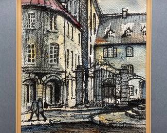 Signed R. Tara Street Scene Watercolor Painting