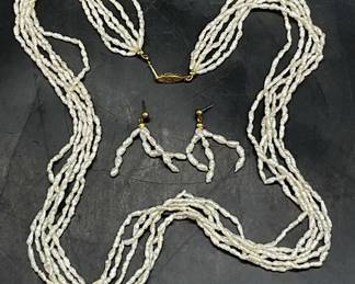 Vintage Rice Pearl Necklace & Earrings Set