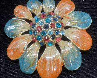 Blue & Red Crystal Enamel Flower Brooch