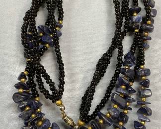 Vintage Lapis & Black Beaded Necklace