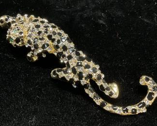 Gold Tone Crystal Snow Leopard Brooch, 4 In L