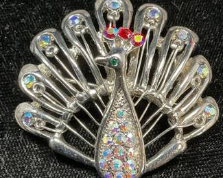 Silver Tone Crystal Peacock Brooch